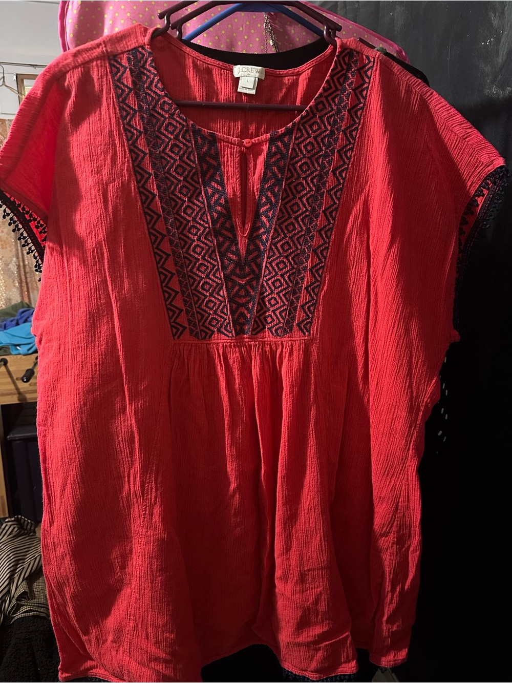 J. Crew Red Tunic with Navy Embroidered Yoke